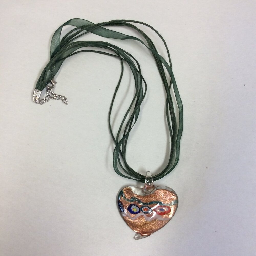 Vintage Murano Glass Heart Target Necklace with Green Ribbon